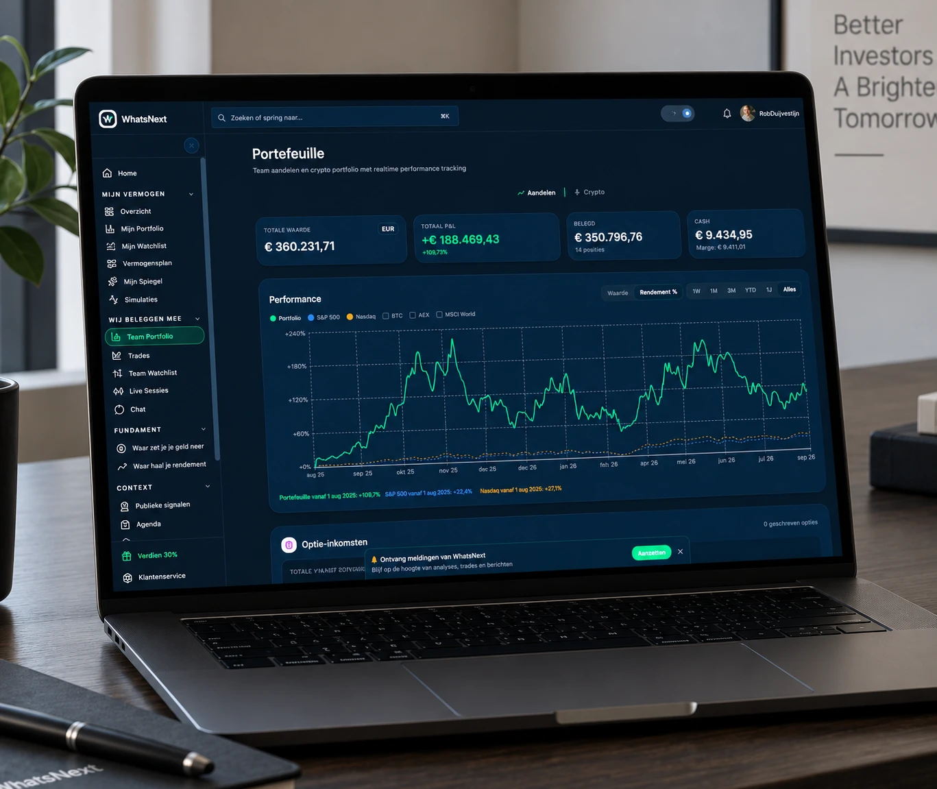 WhatsNext portefeuille-dashboard weergegeven op een laptop