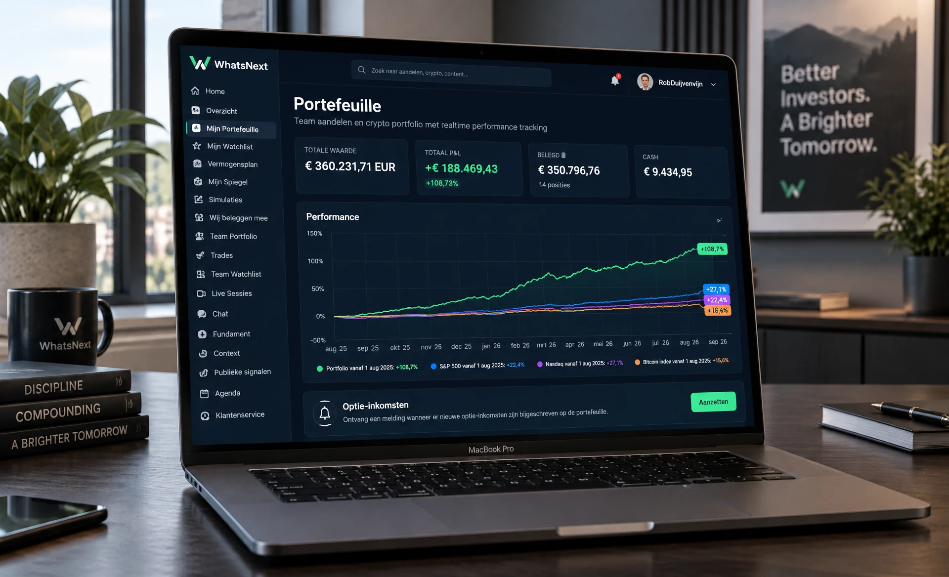 WhatsNext portefeuille-dashboard weergegeven op een laptop
